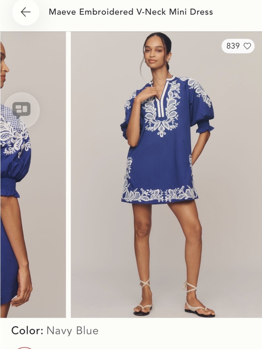 Maeve Navy Blue Embroidered V-Neck mini dress
